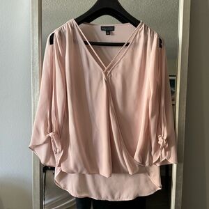 Bold Elements pink wrap-style blouse with criss cross neckline and open sleeves